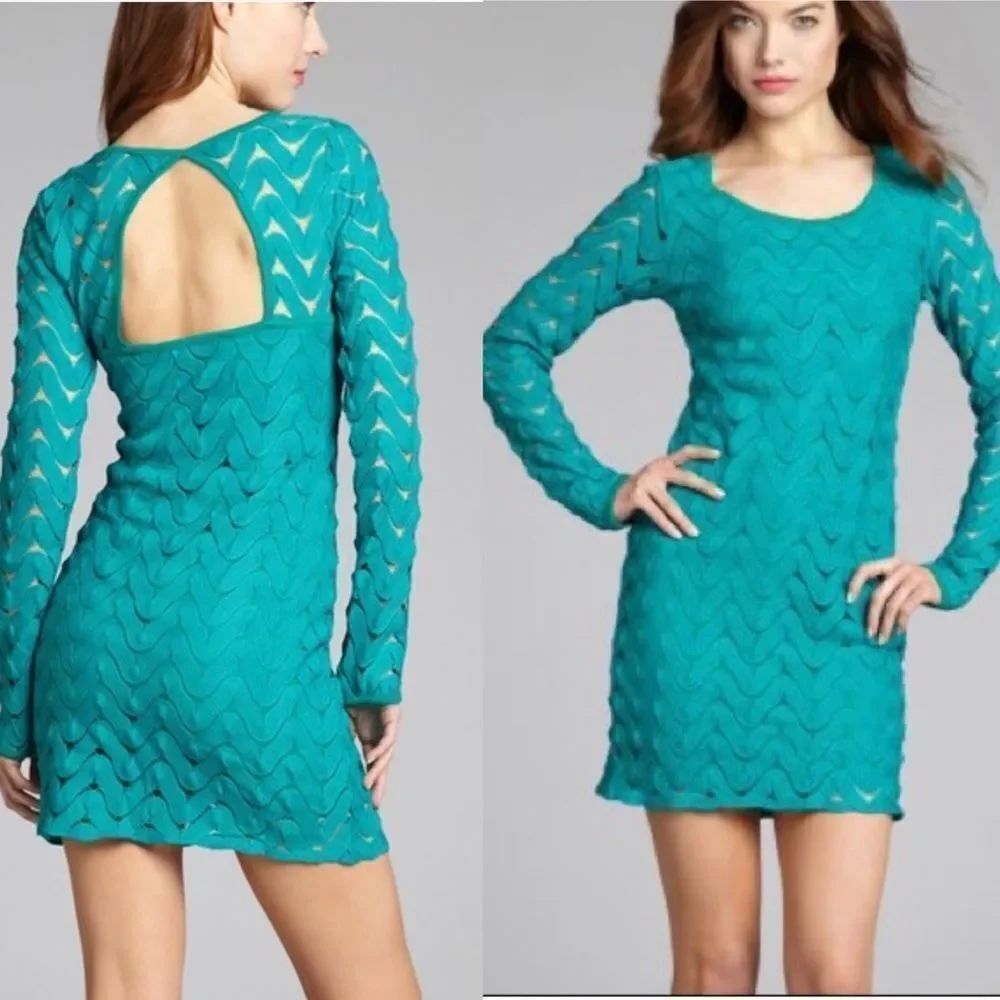 Free People Wild Thing Y2K teal eyelet crochet knit cutout back mini dress XS